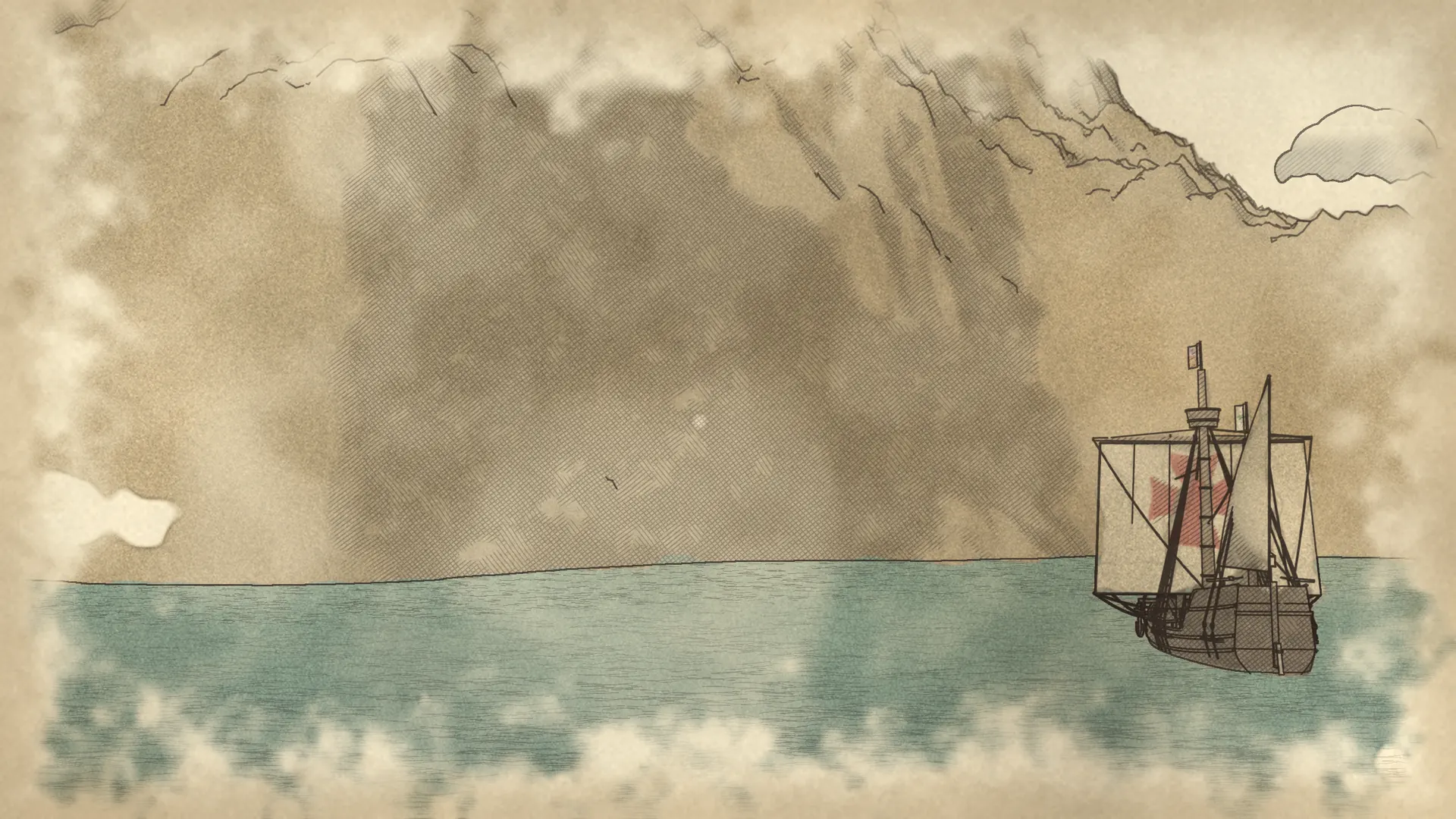 Il·lustració a tinta i aquarel·la: la nao arriba a la costa d'El Hierro